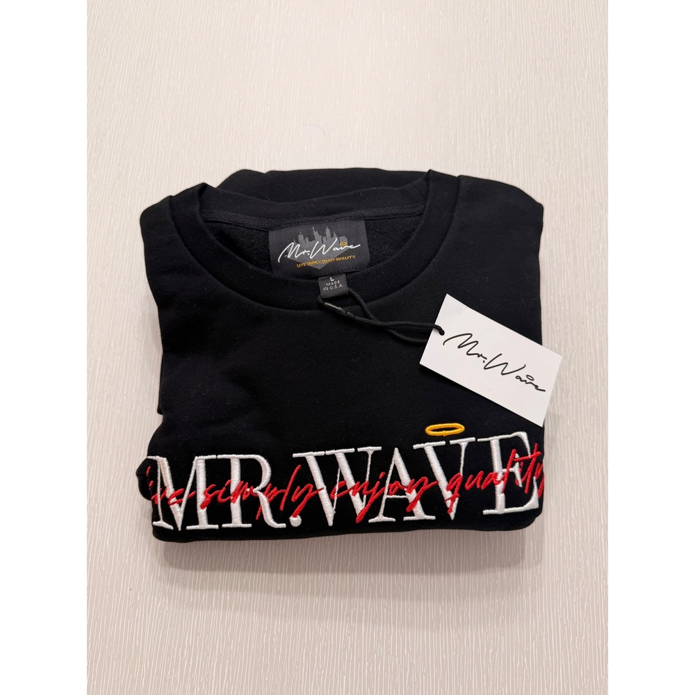 Mr. Wave Mens Black Embroidered Crewneck Sweatshirt Size L Made in USA NWT